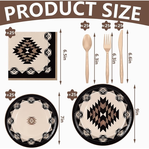 UYGDUY-150 Pcs Western Theme Tableware Set Simple Modern Aztec Disposable Dinnerware Disposable 7" 9" Plate Paper Napkin Plastic Knives Forks Spoons, Serves 25