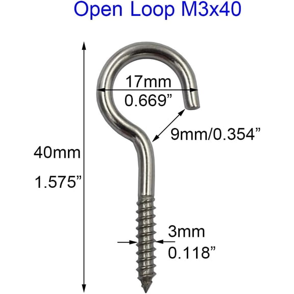 UYGDUY-15pcs 0.118-0.157 Inch 304 Stainless Steel Screw-in Hooks Eye Bolt Ceiling Hook Tapping Screw Hanger (Open Loop M3x40)