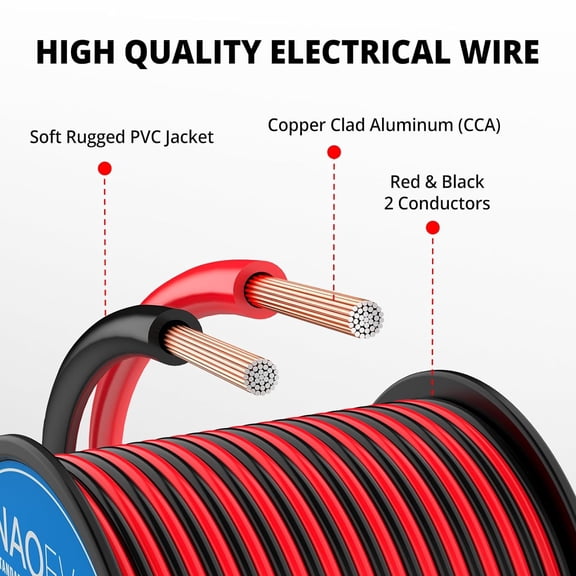 UYGDUY-16 Gauge Wire 50FT, 2 Conductors Electrical Wire Red Black Cable, Flexible/Low Voltage/PVC 16 AWG Copper Clad Aluminum Extension Cord for Speaker, LED Strips, Automotive 12V/24V DC
