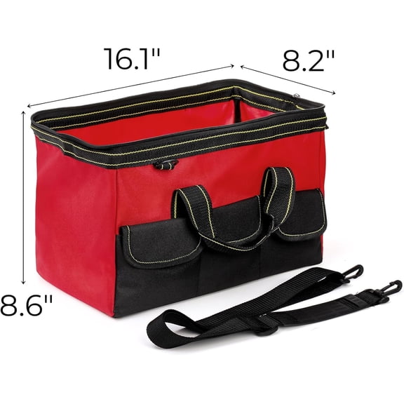 UYGDUY-16 Inch Wide Mouth Tool Bag, Collapsible Tool Tote with Waterproof Coating and Adjustable Strap, Portable Electrician Tool Organizer Handbag with 5 Outside Pockets, Red