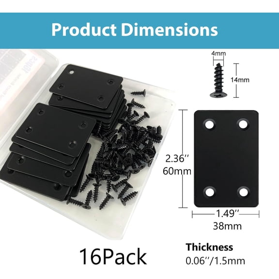 UYGDUY-16 Pack Black Flat Mending Plate 2.36x1.49'', Stainless Steel Bracket, Straight Metal Brace Bracket, Fixing Joining Plate for Wood Furniture Fastening & Fixing