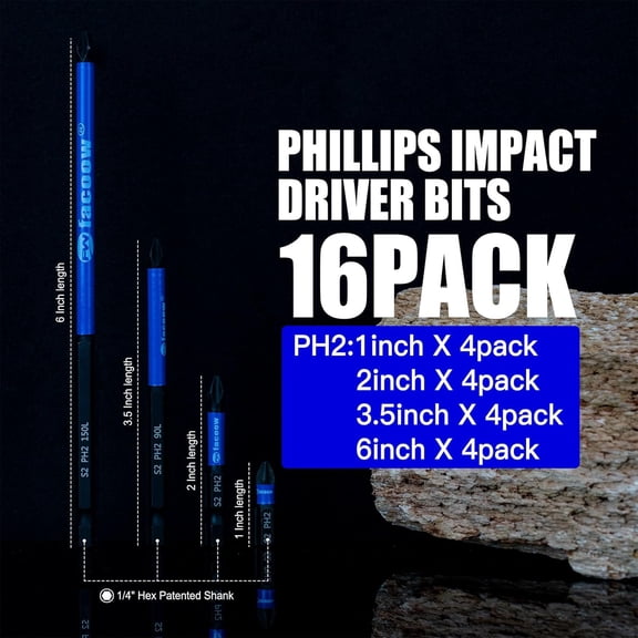 UYGDUY-16 Pack Phillips Impact Driver Bits, #2 Phillips Head Magnetic Screwdriver Bits Set, 1" - 6" S2 Alloy Steel Impact Bits, 1/4" Hex Shank Screwdriver Drill Bit, CNC Machined ph2 Impact Drill Bit