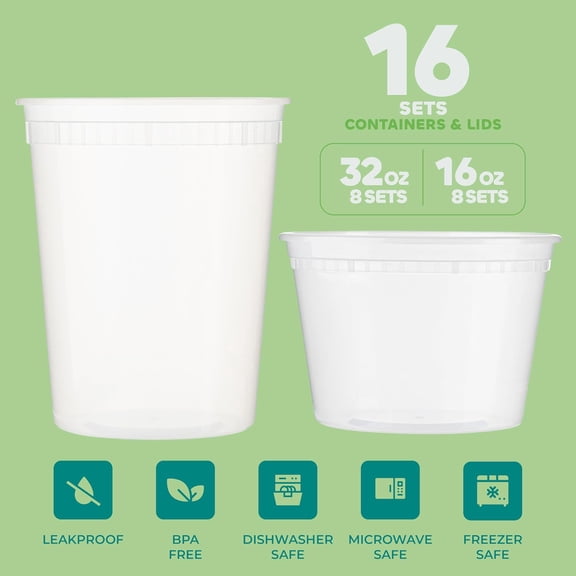 UYGDUY-16 Sets Deli Containers with Lids  16oz & 32oz  Leak Proof, Microwaveable, Dishwasher & Freezer Safe  Plastic Food Storage & Soup Containers