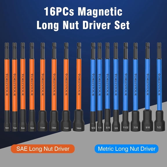 UYGDUY-16PCS Magnetic Nut Driver Set for Impact Drill, 6 Inch Extra Long Nut Drivers with Sturdy Tool Box, SAE/Metric 1/4" Hex Shank Socket Set for Drill, Tool Sets for Men/Women to DIY and Repair Ca