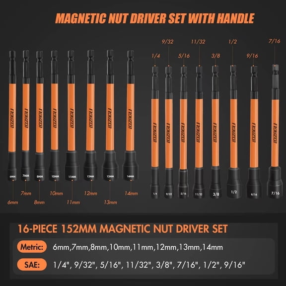 UYGDUY-16Pcs Long Magnetic Nut Driver Set for Impact Drill | 6 Inch Long Nut Driver Set | SAE and Metric | 1/4 Inch Hex Shank | Cr-V Steel (16PCS Magnetic Nut Driver (Long))