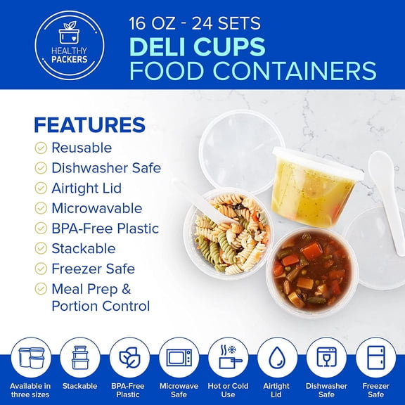 UYGDUY-16oz Food Storage & Soup Containers with Airtight Lids - Clear Plastic Deli Cups - Great for Your Slime Kit - BPA Free | Leakproof - Microwaveable - Reusable & Freezer Safe (24 pack)
