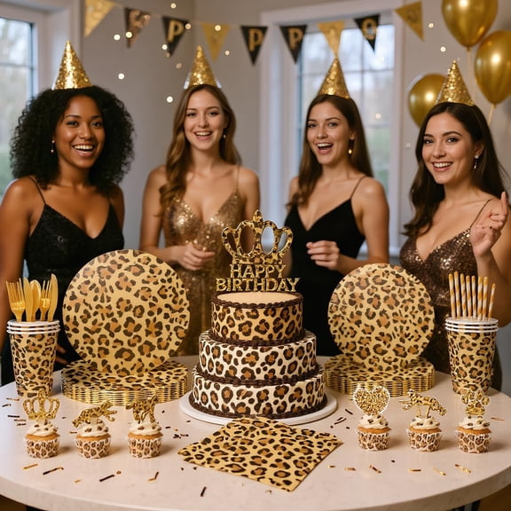 UYGDUY-185PCS Cheetah Print Birthday Decorations, Leopard Print Party Decorations, Leopard Party Supplies Tableware Set with Plates, Cups, Napkins, Tablecloth, Banner and Cutlery for Serve 24 Guest Y