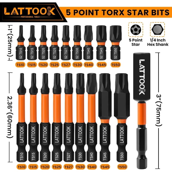 UYGDUY-19-Pieces 5 Point Star Torx Bit Set, Security Tamper Proof Torx Driver Bit Set, Magnetic S2 Steel, 2.3'' & 1'' Long, T10, T15, T20, T25, T27, T30, T40, T45, T50