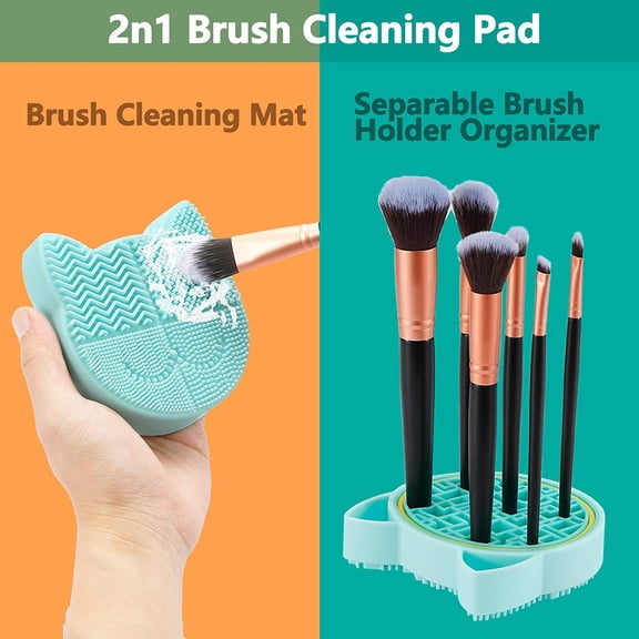 UYGDUY-2 in 1 Makeup Brush Cleaning Mat With Drying Holder, Silicon Cat Shaped Cleaner Pad, Cosmetic Organizer Rack, Portable Washing Tool for Makeup (Green)