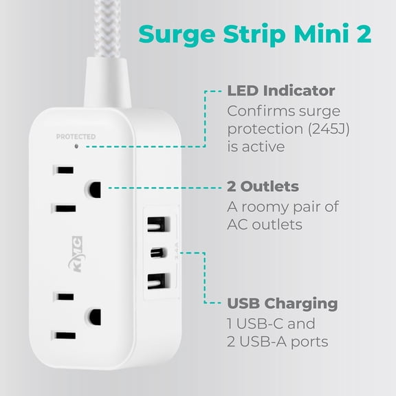 UYGDUY-2-Outlet Mini Surge Protector Power Strip, 1 USB-C & 2 USB-A Ports, 245J Surge Protection, 5ft Braided Cord, 3-Prong Low-Profile Flat Plug, UL/ETL Certified, White