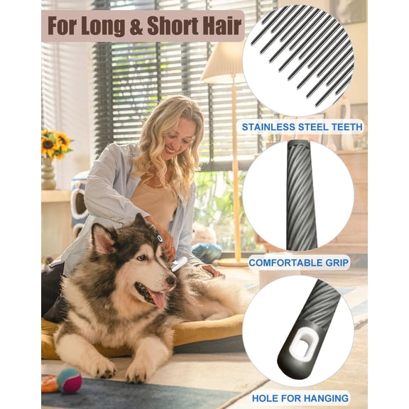 UYGDUY-2 PCS Pet Comb with Long & Short Stainless Steel Teeth,Flea and Tick Comb for Dogs & Cats,Pet Grooming Brush for Short&Long Hair,2 different shapes with Rubber Handle