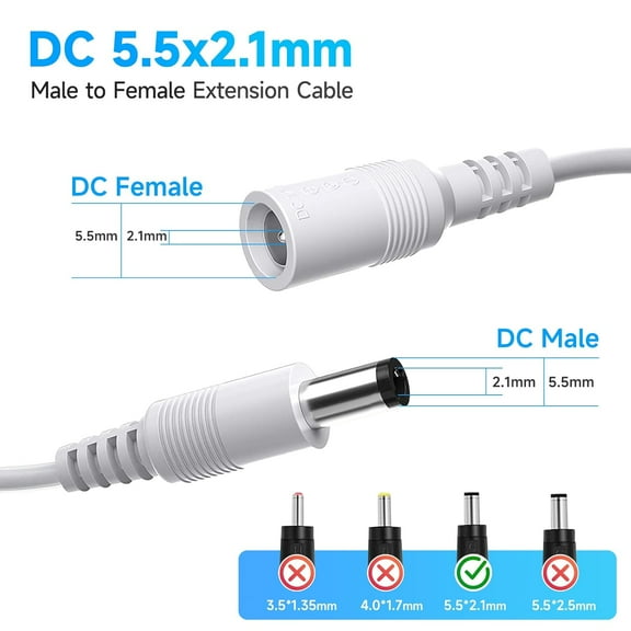 UYGDUY-2 Pack 33ft/10M DC Power Extension Cable, Premium Pure Copper DC 12V Power Adapter Extension Cord 5.5mm x 2.1mm for CCTV Security Camera/Router/LED Strip Light/Printer/Monitor and More-White