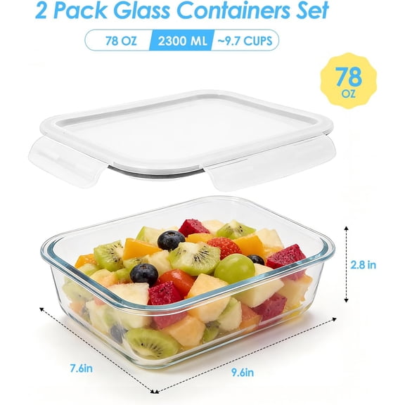 UYGDUY-2 Pack 78 Oz / 9.8 Cups Large Glass Food Storage Containers with Lids, Borosilicate Glass Meal Prep & Baking Containers, Airtight Leakproof, Microwave Oven Freezer Dishwasher Safe, BPA Free