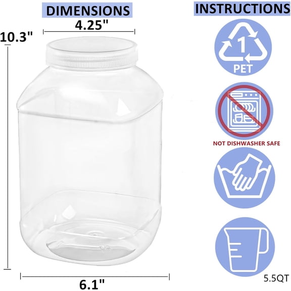 UYGDUY-2 Pack Clear Plastic Jars, 1.5 Gallon Square Storage Containers with Screw-On Lids, Refillable Empty Jars for Kitchen & Household Storage of Dry Goods, Peanut, Candy, Airtight