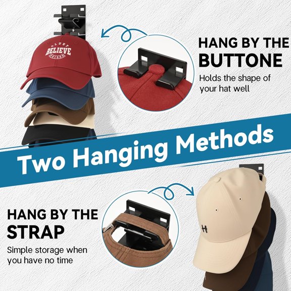 UYGDUY-2 Pack Hat Organizer for Baseball Caps,Hat Rack for Wall,Hat Hanger Holder for 18 Caps(Mounts with Strong Adhesive or Screws),Multilayer Hat Storage Hooks for Closet,Door and Bedroom,Black
