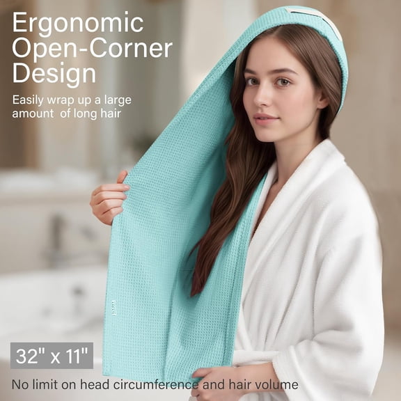UYGDUY-2 Pack Microfiber Hair Towel Wrap for Women, 32" x 11" Waffle Weave Hair Plopping Towel for Curly, Long & Thick Hair, Anti-Frizz Hair Turbans for Wet Hair (Gray,Cyan Blue)