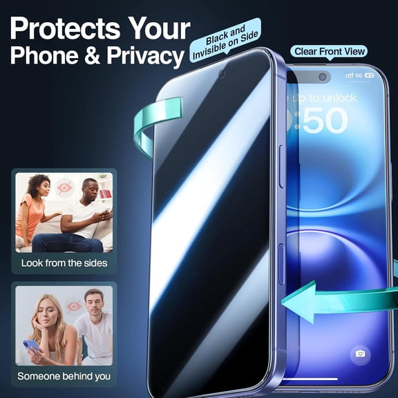 UYGDUY-2 Pack Privacy Screen Protector for iPhone 16, [Anti-Spy] [Military-Grade Shatterproof] [9H Hardness] Tempered Glass, [Easy Installation] Bubble-Free & Case-Friendly, Dust-Free Box