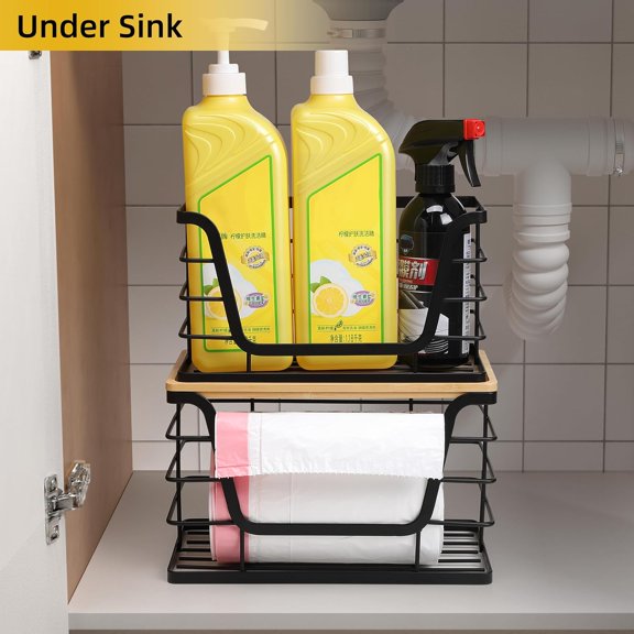 UYGDUY-2 Pack Storage Stackable Kitchen Laundry Organizers with Bamboo Top, Large Trash Bag Holder and Small Garbage Bag Dispenser for Countertop Organization