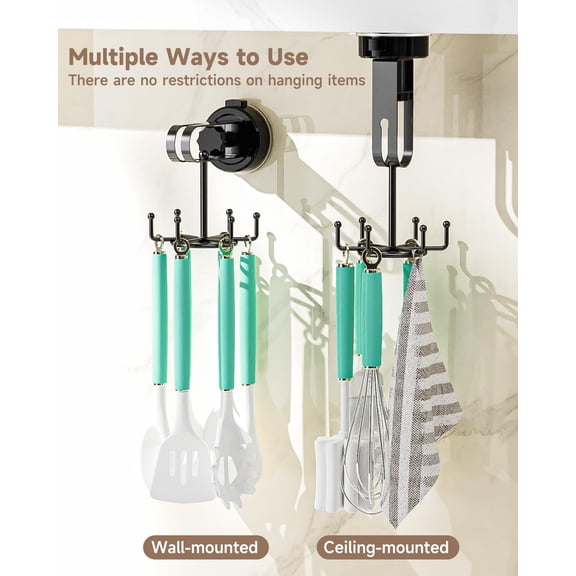 UYGDUY-2 Pack Vacuum Suction Cup Kitchen Utensil Hook with 6 Hooks, [Up to 11 lbs ] Under Cabinet Kitchen Hooks with 360 Rotating, Utensils Hanging Rack for Kitchen, Bedroom, Bathroom, Glass