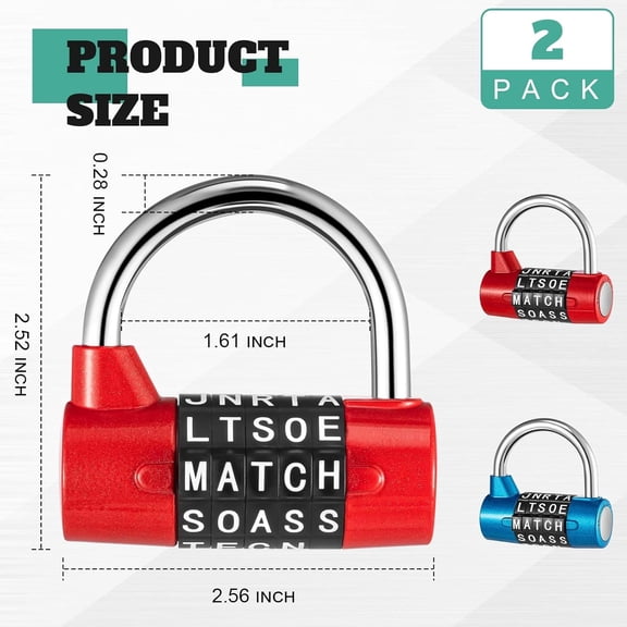 UYGDUY-2 Pcs 5 Letter Combination Lock Metal 5 Digit Lock Heavy Duty Word Gym Locker Keyless Resettable Safety Padlock for School Gym Locker Toolbox Hasp Cabinet(Blue, Red)