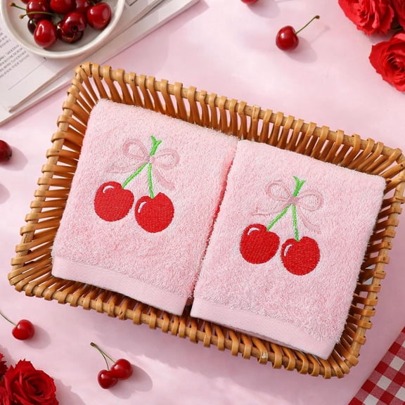 UYGDUY-2 Pcs Cherry Hand Towels Light Pink Bathroom Decor 14x29 Inch Embroidered 100% Cotton Soft Absorbent Spring Summer Decorative Hand Towels for Bathroom Kitchen