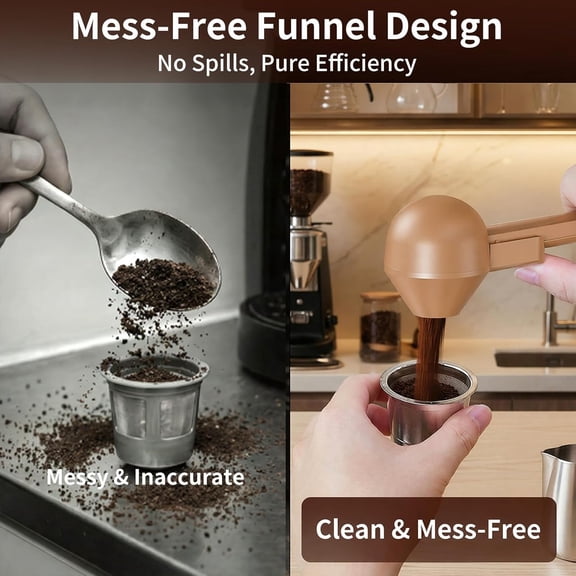 UYGDUY-2 Pcs Coffee Scoop with Funnel for Reusable K Cup Refillable Coffee Pods, 2 TBSP Mess-Free Measuring Spoon with Sliding Leveler, Ideal for Ground Coffee, Protein Powder & Tea (Chocolate, 2-Pac