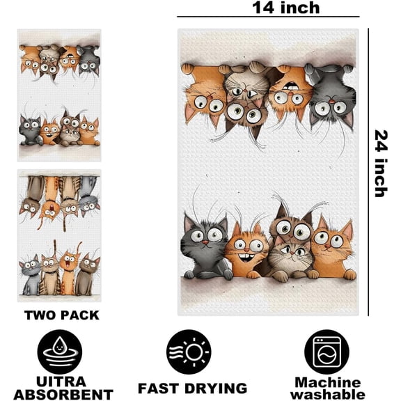 UYGDUY-2 Pcs Cute Cat Kitchen Towels, Cats Soft Absorbent Hand Tea Towel, Microfiber Dish Cloths for Drying Dishes, Waffle Dish Towels for Kitchen Bathroom Decor, Cat Lover Gifts for Women