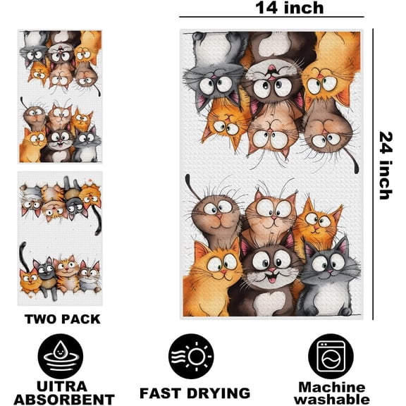 UYGDUY-2 Pcs Cute Cat Kitchen Towels, Cats Soft Absorbent Hand Tea Towel, Microfiber Dish Cloths for Drying Dishes, Waffle Dish Towels for Kitchen Bathroom Decor, Cat Lover Gifts for Women Mom Grandm