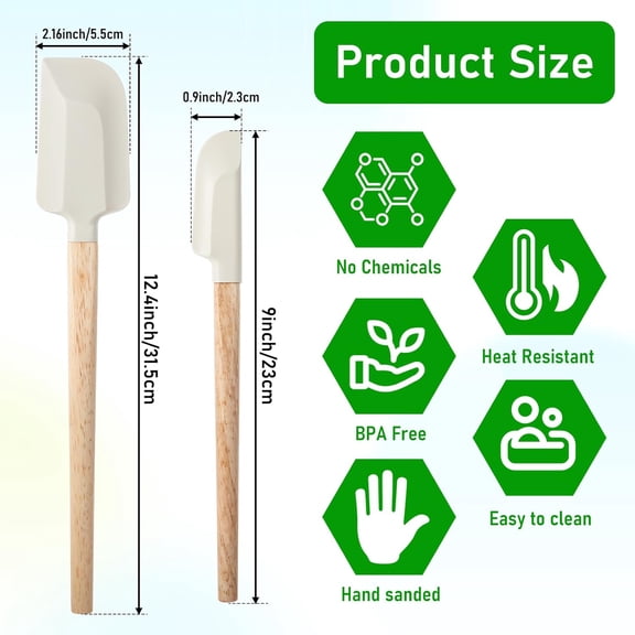 UYGDUY-2 Pcs Wooden Handle Spatula Set White Silicone Spatulas Small Scraper Rubber Kitchen Utensil for Chefs Professional Baking Cooking Mixing Jar Bowl Frosting Dishwasher Safe Use