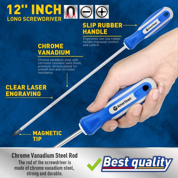 UYGDUY-2-Piece 12'' long Screwdriver Set, Long Blade Screwdriver Set 12-Inch Magnetic Screwdriver, Phillips & Slotted Bits .NEW