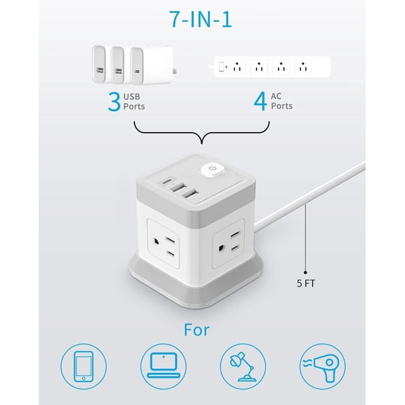 UYGDUY-2 Prong Power Strip with USB, Flat Plug Extension Cord with 4 Outlets and 3 USB Ports, 5 FT Power Cord Desktop Charging Station, Overload Protection, Compact Portable Ideal for Non-Grounded Ou