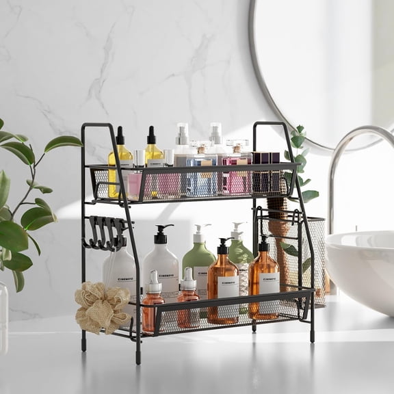 UYGDUY-2-Tier Bathroom Organizer Countertop, Metal Wire Mesh Bathroom Counter Organizer Storage with Basket Hooks, Vanity Tray Shelf, Kitchen Spice Rack, Small Black
