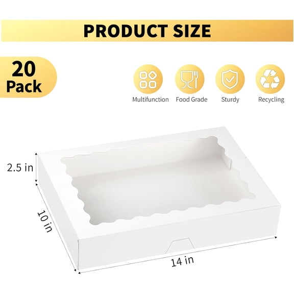 UYGDUY-20 Pack Cookie Boxes, 14x10x2.5 Inch Large Bakery Boxes with Window, Auto-Popup Treat Box for Chocolate Covered Strawberries, Pies, Donuts, Muffins, Breakable Heart