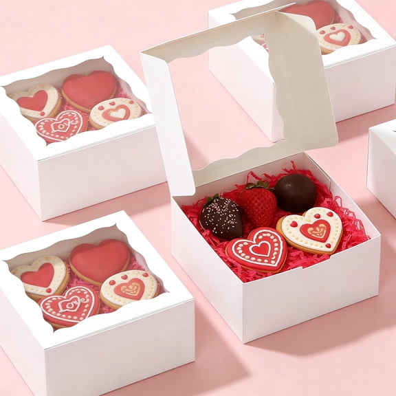 UYGDUY-20 Pack Cookie Boxes 6x6x3 Inch Bakery Boxes with Window Treat Box Dessert Box for Macaron Mini Cake Chocolate Covered Strawberries Pastry - White
