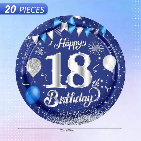 UYGDUY-20 Pcs 9 Inch 18th Birthday Plates, Official Blue & Silver 18th Birthday Theme Tableware Party Plate Set Disposable Paper Plates, Legal Milestone Happy 18th Birthday Decorations Supplies, Serv