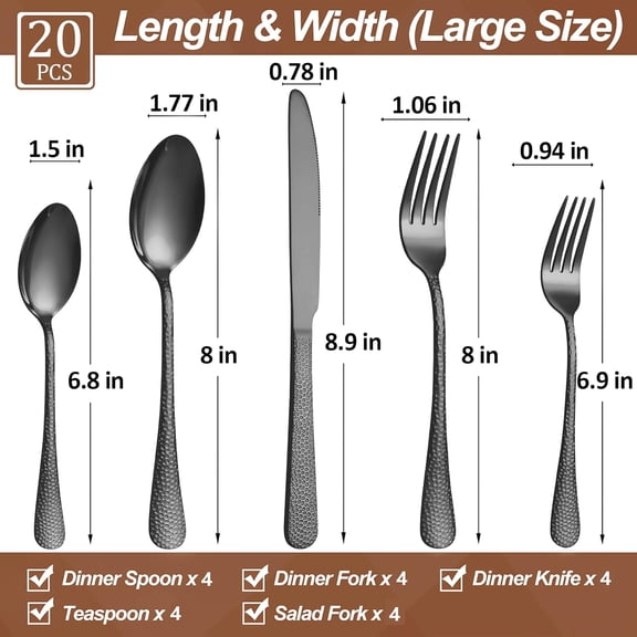UYGDUY-20 Pcs Black Silverware Set for 4, Food Grade Stainless Steel Flatware Set, Eating Utensils Sets Include Fork/Knife/Spoon, Reusable Cutlery Set for Home Kitchen, Dishwasher Safe, Wave Hammered