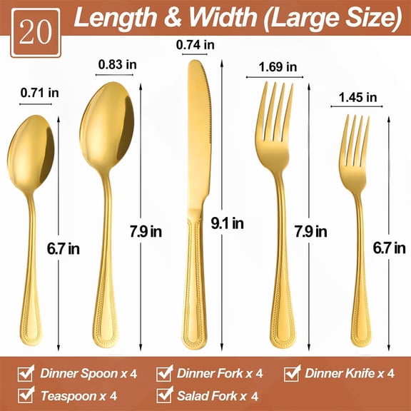 UYGDUY-20 Pcs Gold Silverware Set for 4, Food Grade Stainless Steel Flatware Set, Eating Utensils Sets Include Fork/Knife/Spoon, Reusable Cutlery Set for Home Kitchen, Dishwasher Safe, Pearl-edged