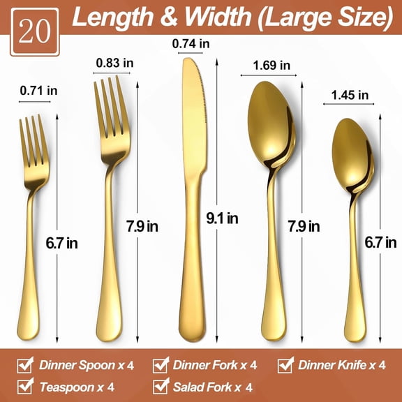 UYGDUY-20 Pcs Gold Silverware Set for 4, Food Grade Stainless Steel Flatware Set, Eating Utensils Sets Include Fork/Knife/Spoon, Reusable Cutlery Set for Home Kitchen, Dishwasher Safe, Round Edge