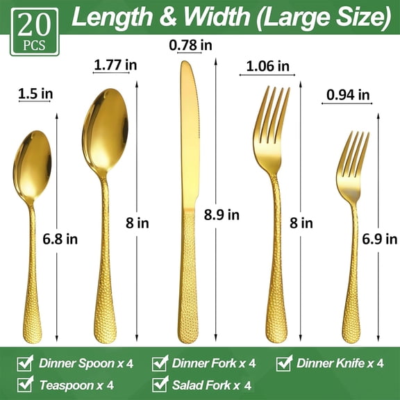 UYGDUY-20 Pcs Gold Silverware Set for 4, Food Grade Stainless Steel Flatware Set, Eating Utensils Sets Include Fork/Knife/Spoon, Reusable Cutlery Set for Home Kitchen, Dishwasher Safe, Wave Hammered