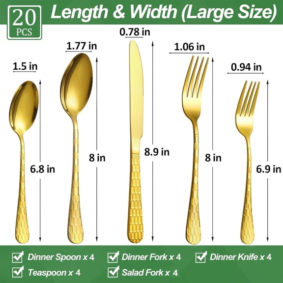 UYGDUY-20 Pcs Gold Silverware Set for 4, Food Grade Stainless Steel Flatware Set, Eating Utensils Sets Include Fork/Knife/Spoon, Reusable Cutlery Set for Home Kitchen, Dishwasher Safe, Round Hammered