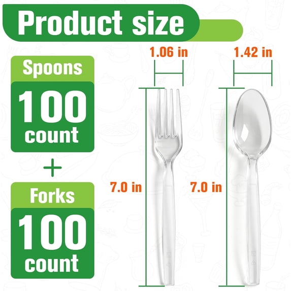 UYGDUY-200 Count Plastic Silverware Heavy Duty,Clear Plastic Forks and Spoons, 100 Spoons & 100 Forks,BPA-Free,Heat Resistant Disposable Cutlery Utensil Set for Catering & Events, Daily Use