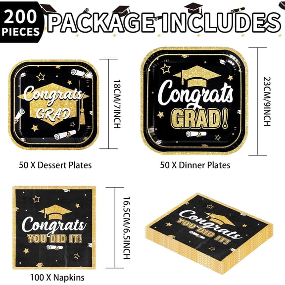 UYGDUY-200 Pcs Graduation Party Decorations 2026 Black Gold Graduation Plates and Napkins Disposable Square Paper Plates Congrats Grad Tableware Set for Class of 2026 College High School Prom Party S