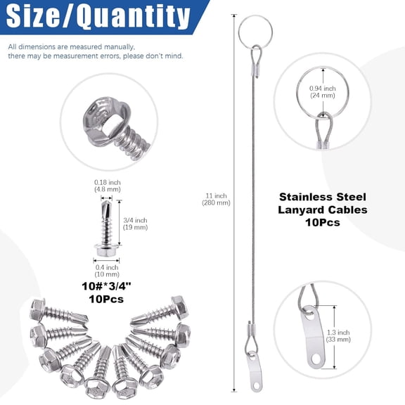 UYGDUY-20Pcs 11 Inches Lanyard Cable Set Including 10Pcs 304 Stainless Steel Safety Tether Wire with Quick Release Ring and Rubber Coating and 10Pcs Self Drilling Hex Head Screws for Car Boat Fastene