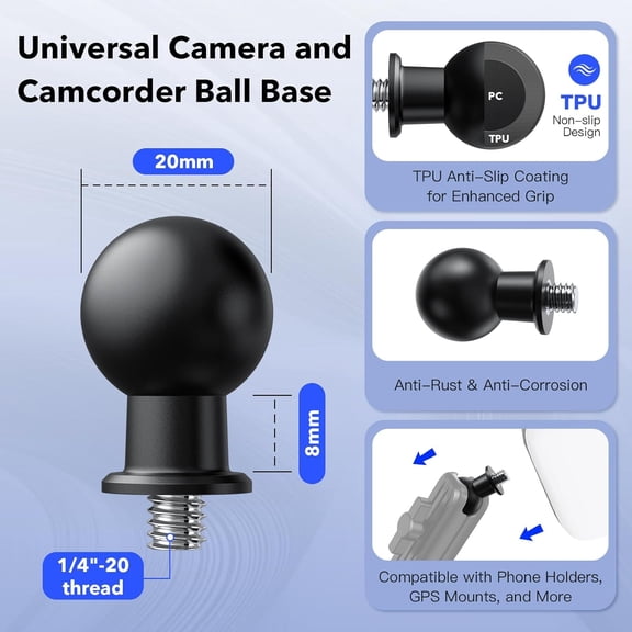 UYGDUY-20mm Ball Mount to 1/4"-20 Thread Adapter TPU Anti-Slip Base for Firm and Stable Installation on Camera Rigs, Tripods, and Brackets