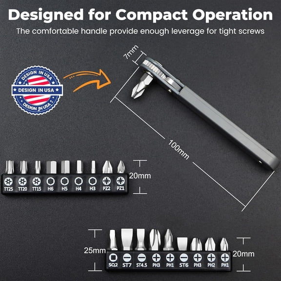 UYGDUY-20pc 1/4 Ultra Low Profile Mini Ratchet Wrench Close Quarters Screwdriver Set with High Torque - Right Angle EDC Tool with 90 Degree Mini Offset Reversible Drive Handle & Multi Hex Bits Set