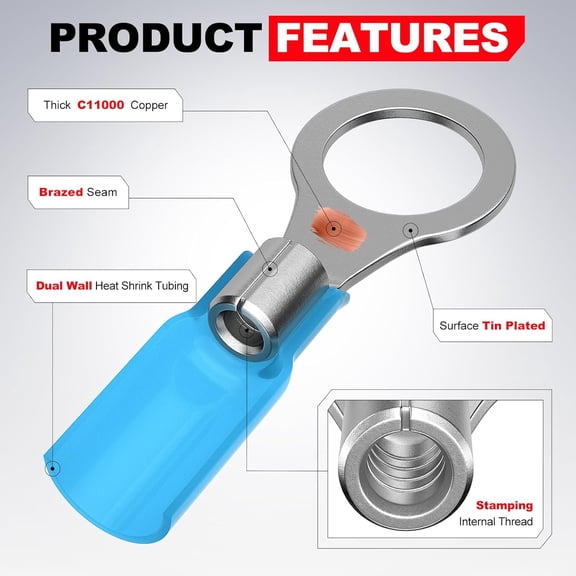 UYGDUY-22-16 AWG - 3/8" Heat Shrink Ring Terminals, Copper Terminal Connector Ends, Battery Cable End Lugs,Red Insulated Electrical Crimp Wiring Connectors, Wire Lug for 22 20 18 16 Gauge Wires 100 P