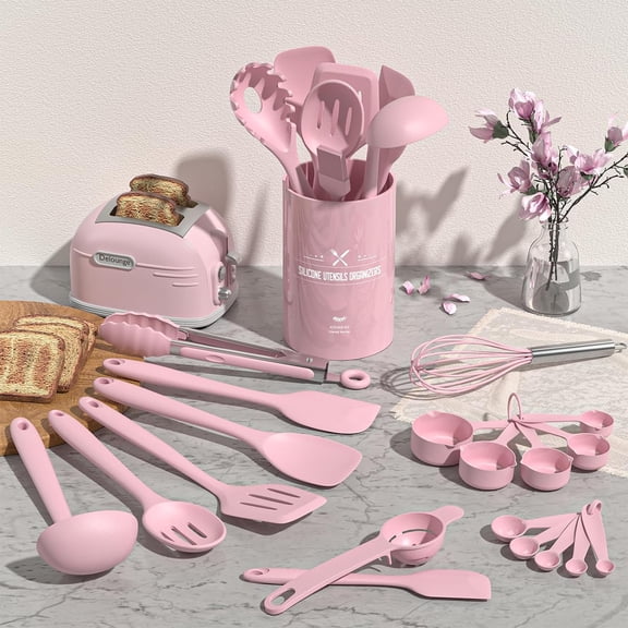 UYGDUY-22-Piece Silicone Cooking Utensils Set, Heat Resistant & Dishwasher Safe Kitchen Tools, Non-Scratch Spatula Set for Nonstick Cookware (Pink)