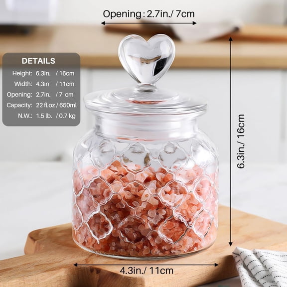 UYGDUY-22 oz Clear Glass Canister with Cute Heart shaped Lids Set, Food Storage Glass Jars with Airtight Lids for Kitchen and Dining Room, Grid/Set of 2