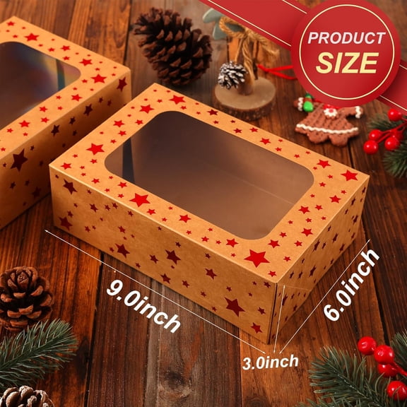 UYGDUY-24 Pack Brown Cookie Boxes, 9x6x3Inch Red Star Baking Boxes for Gift Giving,Kraft Boxes with Window,Holiday Treat Boxes for Pastry,Cookie Tin Containers Box for Baked Goods Packaging