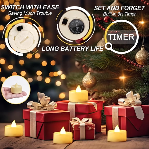 UYGDUY-24-Pack Timer Tea Lights Candles Battery Operated, LED Tea Lights, Built-in 6 Hours Timer, Flameless Fake Candles, Tea Light Flickering Votive Candle 1.5'' D x 1.3'' H (Ivory Shell)